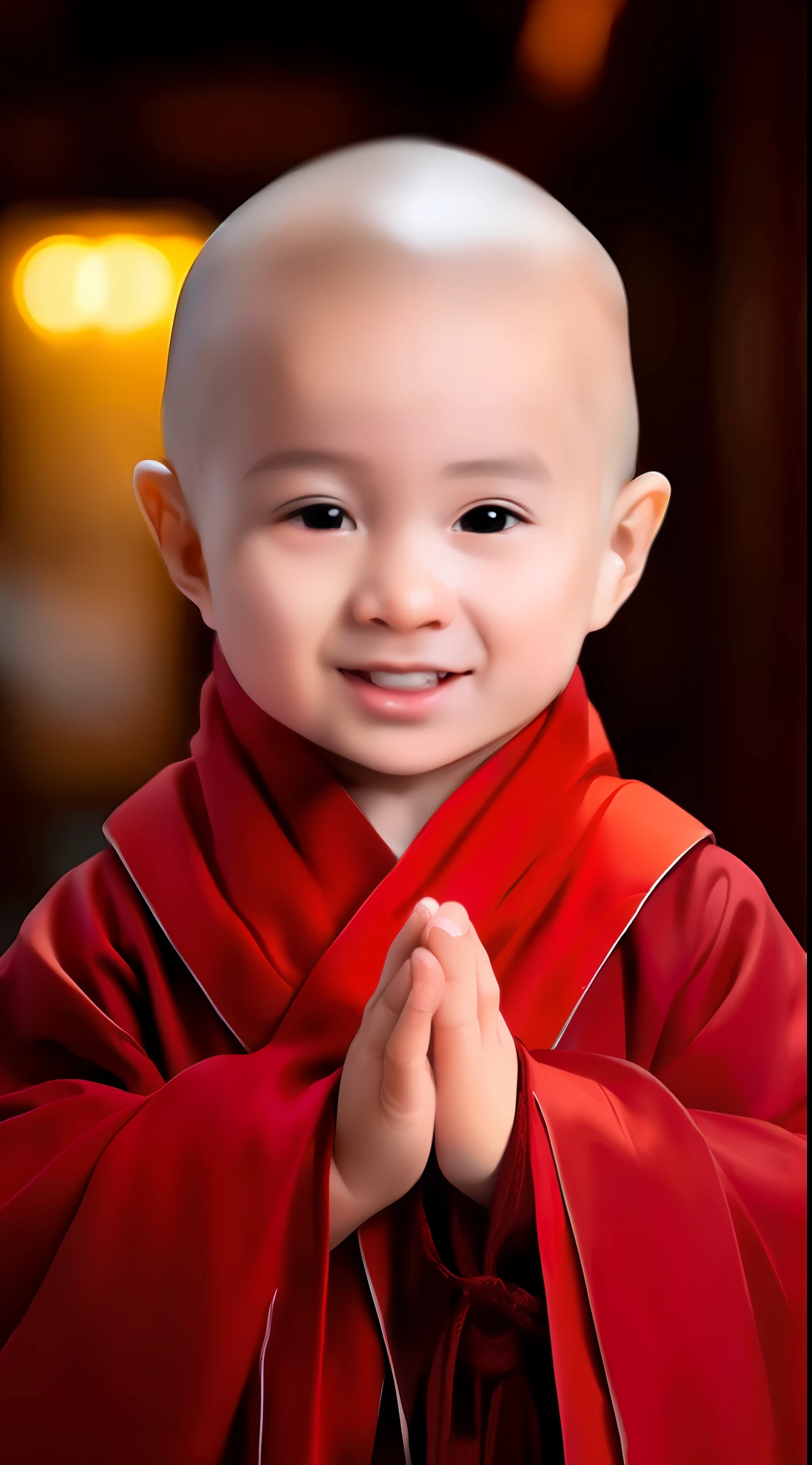 a close up of a child in a red robe with a smile, in red robes, monk clothes, blessing hand, buddhist monk, Buddhist, little boy wearing nun outfit, Happy kids, Taoist temples and monks, fully clothed in red robes, monk, a serene smile, Cute boy, Buddhism, Innocent smile, Serene expression, dressed in simple robes, kiddy big breasts