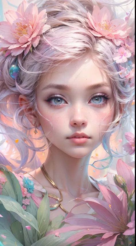 ((masterpiece)). This artwork is dreamy and ethereal, with soft pink watercolor hues. Generate a petite fairy exploring a bubblegum world with a wide variety of pastel shades. Her sweet, realistic face is extremely detailed and has puffy, big lips and stun...