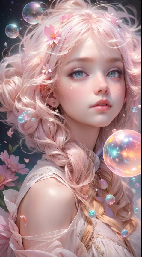 ((masterpiece)). This artwork is dreamy and ethereal, with soft pink watercolor hues. Generate a petite fairy exploring a bubble...
