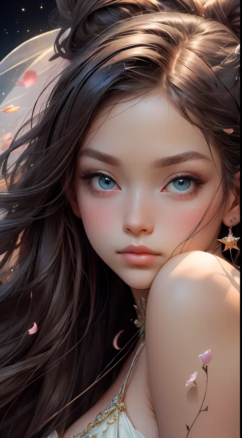 ((masterpiece)). This artwork is dreamy and ethereal, with soft pink watercolor hues. Generate a petite fairy exploring a bubblegum world with a wide variety of pastel shades. Her sweet, realistic face is extremely detailed and has puffy, big lips and stun...