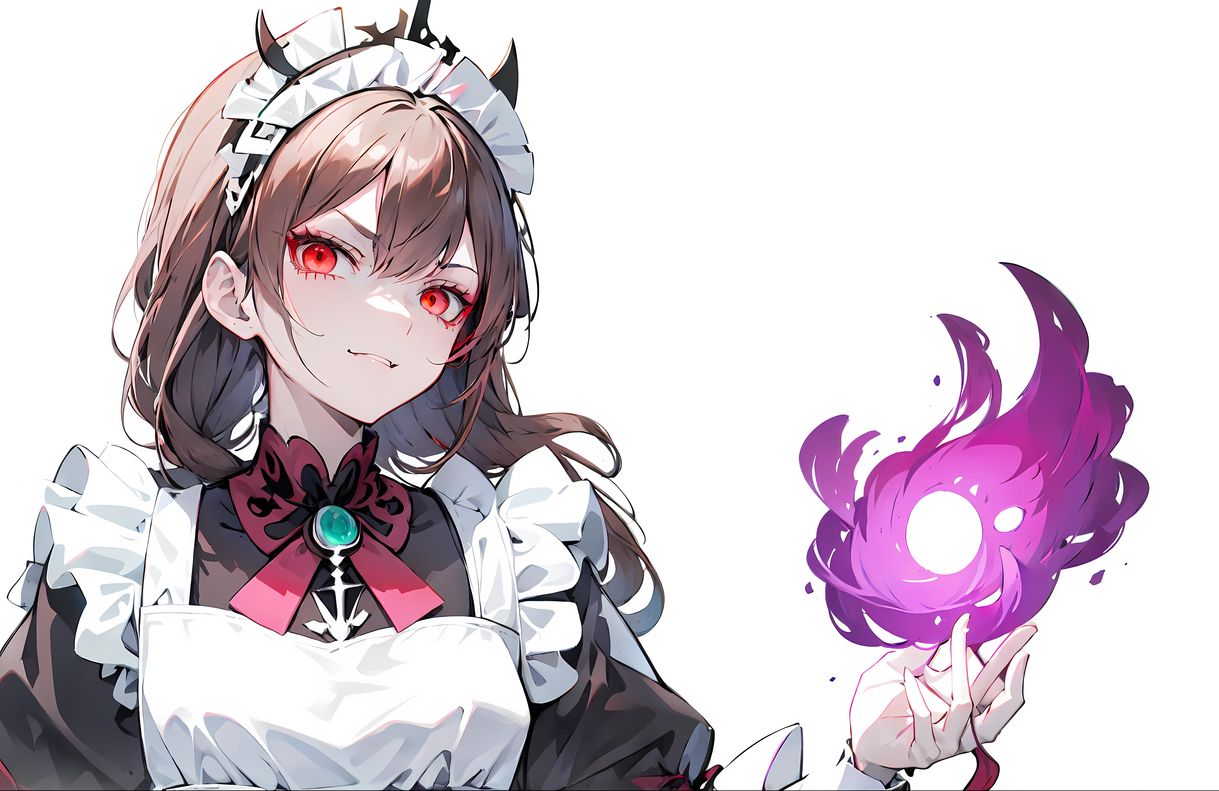 Masterpiece,Best quality,offcial art,extremely , shalltear from overlord, Genshin Impact,  Female protagonist,  Aura of evil, Menacing aura, devious evil expression, smug expression, exploitable image,  Brown hair, evil eyes, maid_headdress, Full body diagram