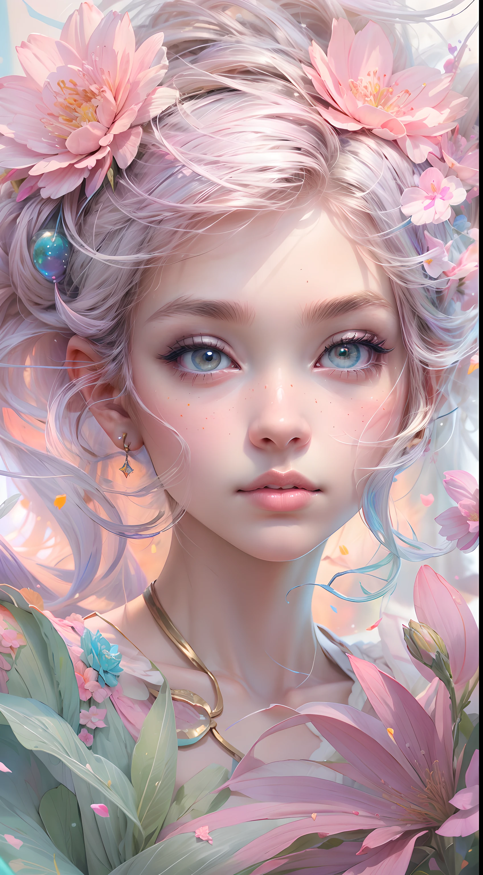 ((masterpiece)). This artwork is dreamy and ethereal, with soft pink watercolor hues. Generate a  fairy exploring a bubblegum world with a wide variety of pastel shades. Her sweet, realistic face is extremely detailed and has puffy, big lips and stunning, highly realistic eyes. Her eyes are important and should be realistic, highly detailed, and beautiful. In high definition and detail, include lots of details like stars, galaxies, colorful bubbles, colorful petals, and lots of energy and emotion! Include fantasy details, enhanced details, iridescence, colorful glittering wind, and pollen. Pay special attention to her face and make sure it is beautifully and realistically detailed. The image should be dreamy and ethereal.8k, intricate, elegant, highly detailed, majestic, digital photography