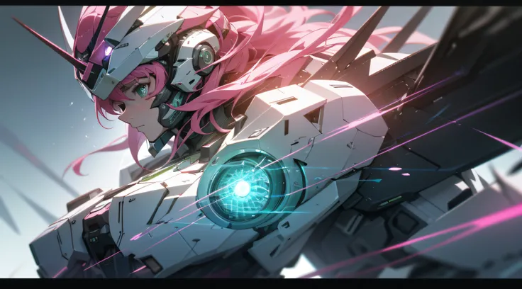 ((best quality)), ((masterpiece)), (detailed:1.4), 3d,mechs，in pink，vibrant with colors， a beautiful cyberpunk female figure，thi...