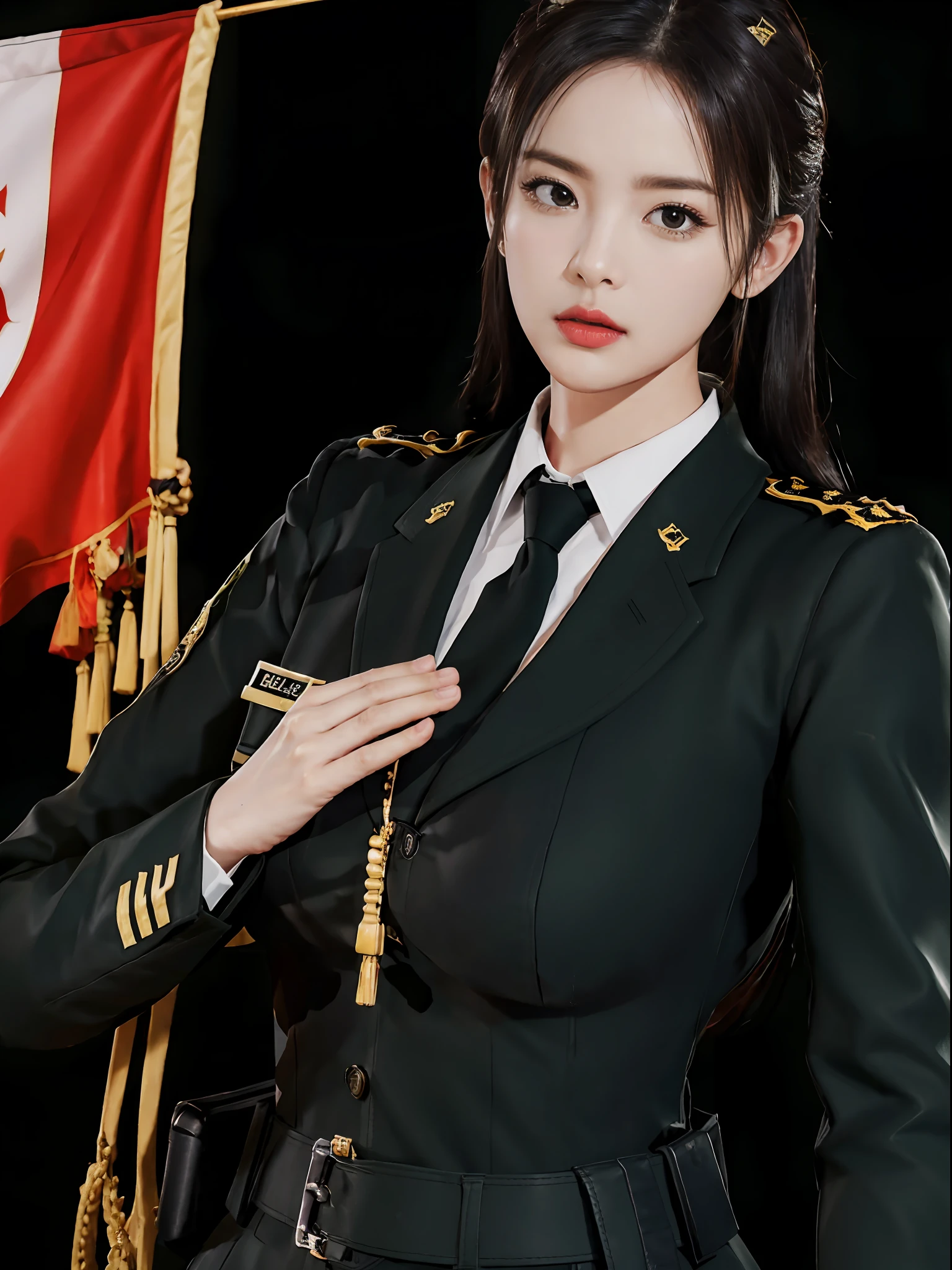 Very detailed CG unity 8K wallpaper，（tmasterpiece），（best qualtiy），（ultra - detailed），（Ultra photo realsisim），（best character detail：1.36），Nikon D750 f / 1.4 55mm，profesional lighting， physically-based renderingt, 1girll, Female soldier，army suit，Green military uniform，Fabric texture military uniform，Pure white lining，Dark green tie，Black hair，the golden ratio,[:(com rosto detalhado:1.2):0.2]:,PureErosFace_V1, broad shoulder,(Bigchest:1.5),(big assa:1.5)，Soaked with sweat，Place your hands on your chest，red flags，At the cafe，Splendid scenery，bright sun，upper body photos，Flag of China，Salute with your hands，