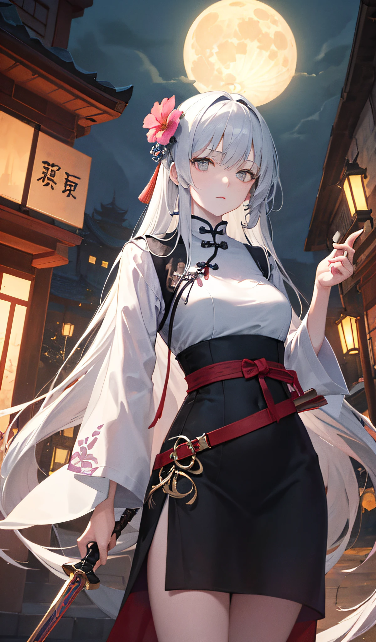 Masterpiece, Best, Night, Full Moon, 1 Female, Mature Woman, Chinese Style, Ancient China, Elder Sister, Royal Sister, Cold Face, Expressionless, Silver White Long Haired Woman, Pale Pink Lips, Calm, Intellectual, Three Belts, Gray Hitomi, assassin, dagger, flower ball background, street view