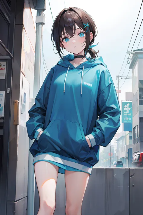 Cyan sweatshirt，hooding，with short brown hair，Bare legged，X-shaped hairpin，Light blue pupils，leg loops，Stick one hand in your pocket，Mare，Low ponytail，full bodyesbian