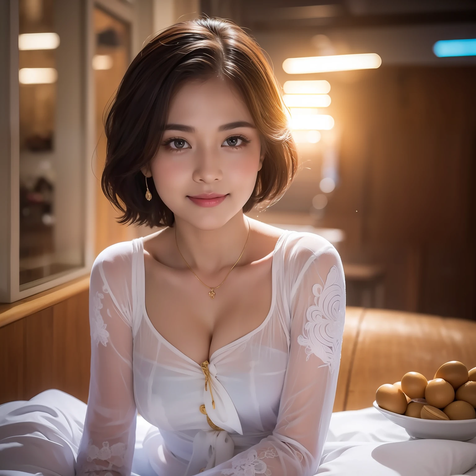 (8k, best quality, masterpiece:1.2), (realistic, photo-realistic:1.37), ultra-detailed, 1 girl, cute, solo, beautiful detailed sky, detailed cafe, night, sitting, dating, (nose blush), (smile:1.15), (closed mouth) small breasts, beautiful detailed eyes, (collared shirt:1.1), night, wet, business attire, rain, white lace, (short hair:1.2), floating hair NovaFrogStyle, white kebaya