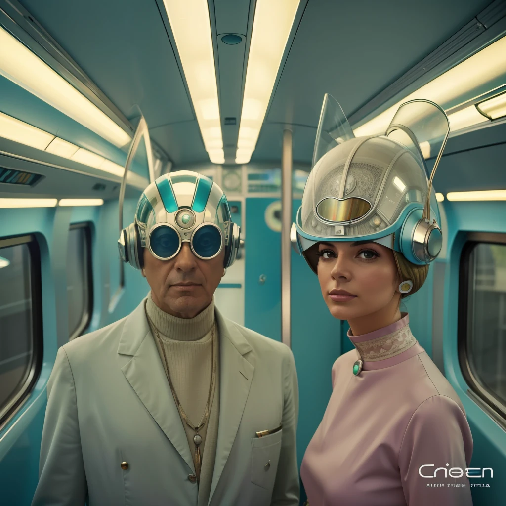 8k, fotorrealista, hiper detalhado, intrinsic, imagem excepcional, 8k portrait of 1960s science fiction by Karel Zeman, Vogue anos 1960, pastels colors, Man with a fish mask wearing weird retro futuristic outfits and a woman wearing glass helmet and techno ornaments on the bus, luz natural, Psicodelia, futurista estranho, fotorrealista, hiper detalhado, foco nítido, intrinsic, mid closeup