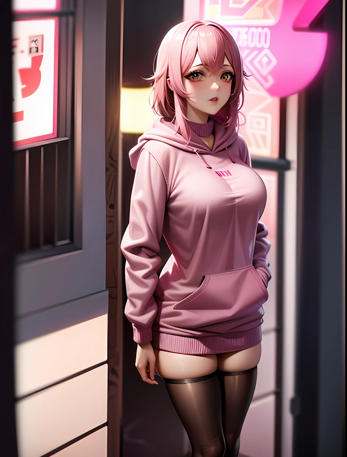 Mujer de Ala Fed con chaqueta rosa parada junto a un auto deportivo rosa, muchacha rosada, estilo animado. 8k, ((rosa)), estilo anime 4k, rosa Lamborghini Aventador, obra de arte al estilo de guweiz, chica anime cyberpunk con capucha, tendencia en cgstation, Ross Tran 8K, usando una sudadera con capucha rosa, algo de rosa, rosa Vibe