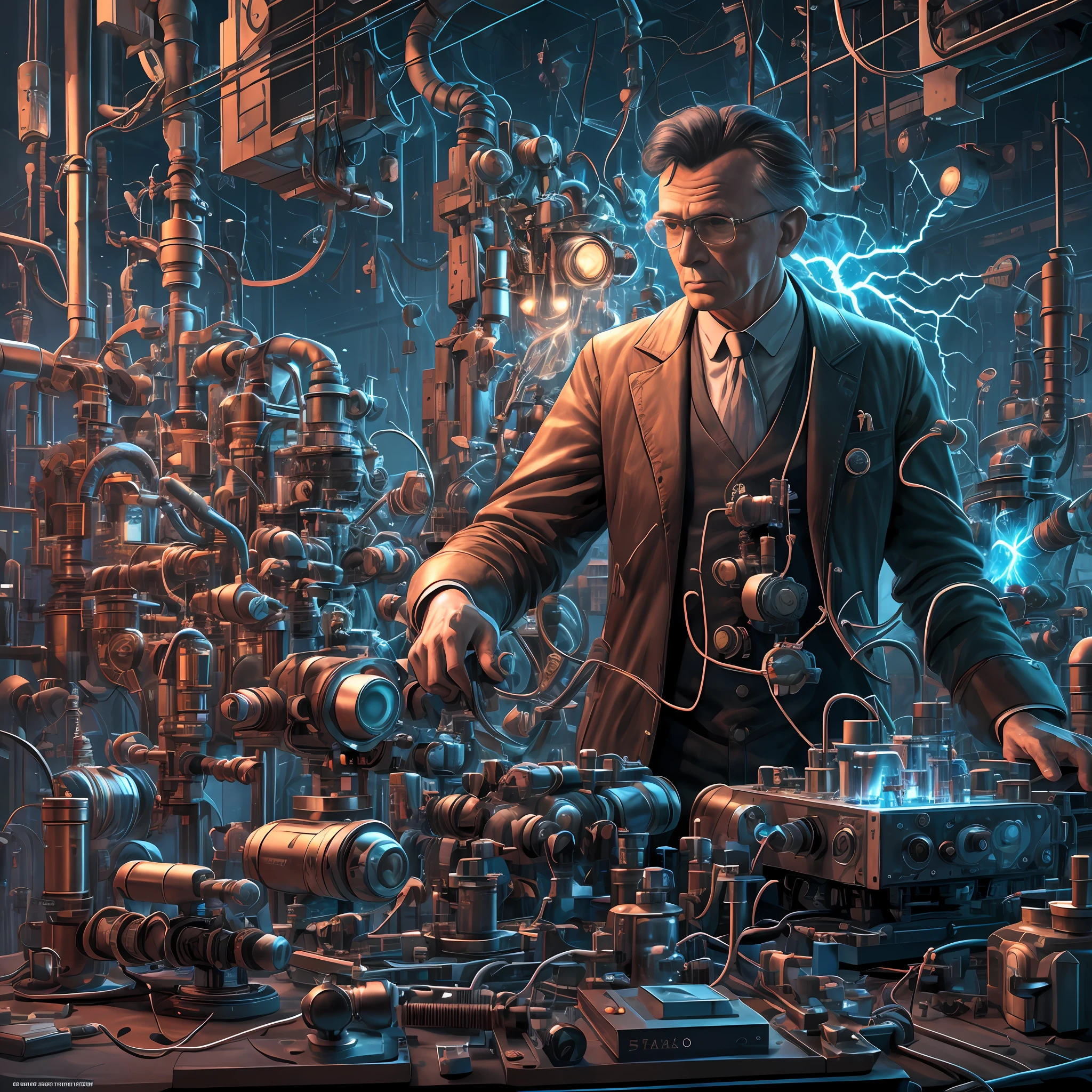 Descrição da cena: O inventor genial, Nikola Tesla, está situado em um laboratório modernizado em 2023 repleto de equipamentos tecnológicos avançados. Ele está profundamente engajado na criação de um invisível, invenção inovadora. Raias de faísca de eletricidade do dispositivo, iluminando a expressão determinada de Tesla. Modificadores: futurista, eletrizante, Dinâmico, Intrincado, brilhante, Altamente detalhado, Inspirador, Artista tecnologicamente avançado/Inspiração de Estilo: Inspirado nas obras de Jean "Moebius" giraud, Arte da capa de Isaac Asimov, e Syd Mead Especificações Técnicas: Resolução Ultra-HD, mapeamento de profundidade, renderização de sombra avançada, alta contagem de polígonos, superfícies reflexivas, desfoque de movimento ao provocar eletricidade, iluminação volumétrica, trabalho de textura detalhado, --auto --s2