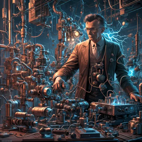Scene Description: The genius inventor, Nikola Tesla, is situated in a 2023-modernized laboratory brimming with advanced technol...