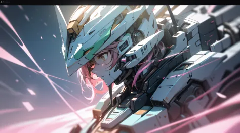 ((Best quality)), ((Masterpiece)), (Detailed:1.4), 3D,mechs，In pink，vibrant with colors， A beautiful cyberpunk female figure，Thi...