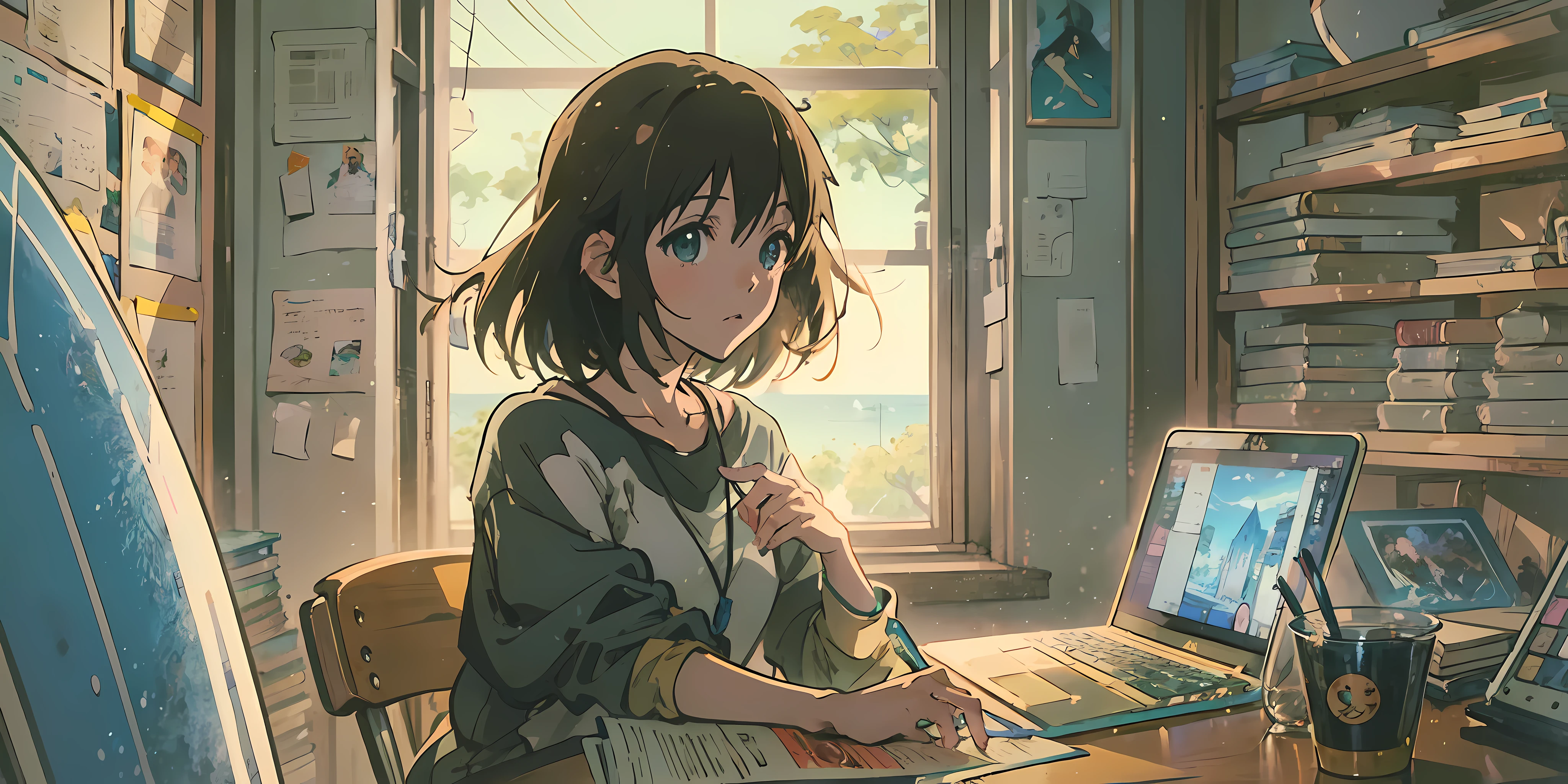 Anime girl sitting at a desk with a laptop and a book - SeaArt AI