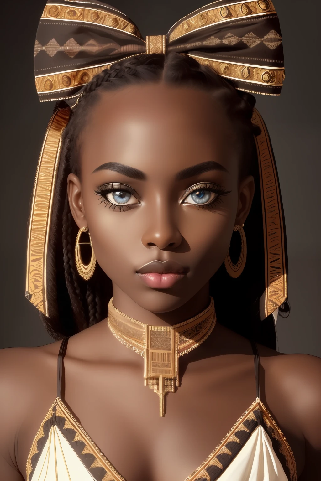 analog style, realistic, award-winning photo,(symmetric highly detailed eyes, fantastic eyes, intricate eyes:1.1), detailed background, full body, wide angle, beautiful 20 year old girl,  African American, dark skin, skinny, ribbon braid,  flat chest, tiktok, instagram