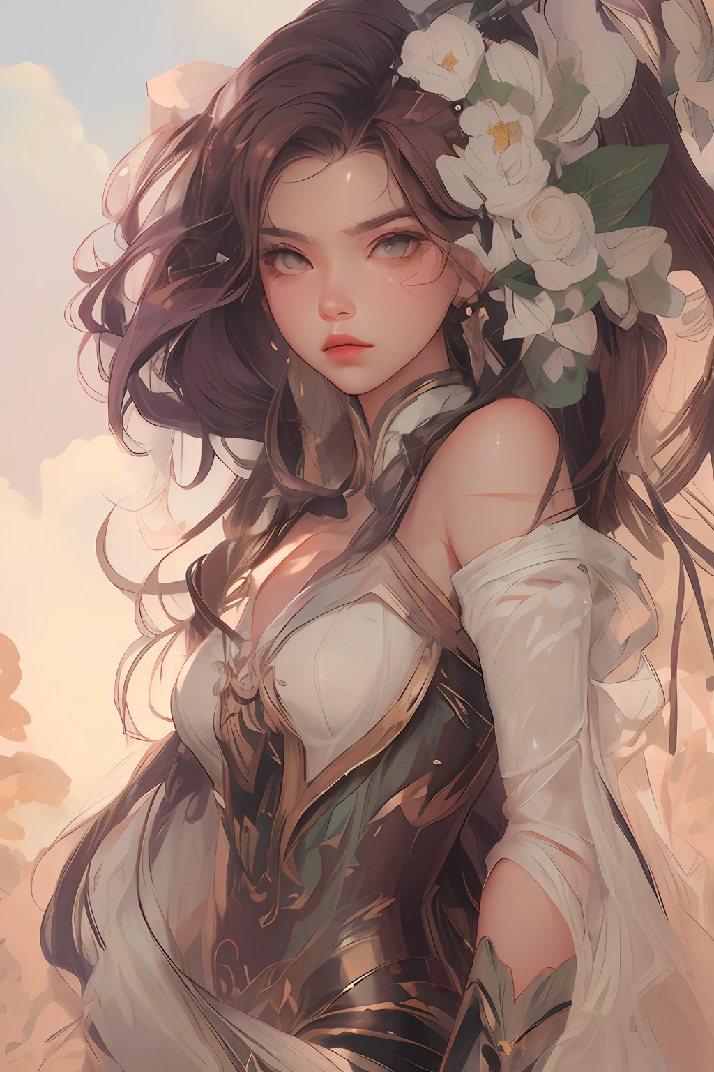 there is a drawing of a woman with long hair and flowers in her hair, drawn in the style of artgerm, artgerm. high detail, artgerm portrait, extremely detailed artgerm, artgerm lau, artgerm detailed, artgerm style, artgerm comic, in style of artgerm, artgerm and rossdraws