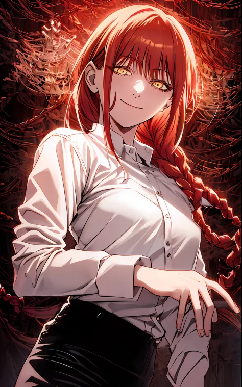 makima \(chainsaw man\), best quality, ultra detailed, 1girll, solo, standing, red hair, long braided hair, seductiv，a seductive...