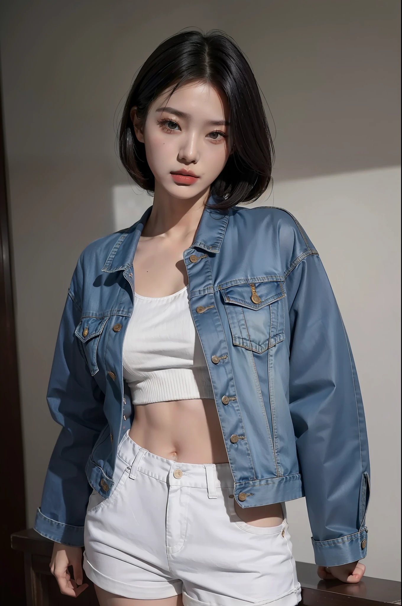 Женщина в белых шортах и джинсовой куртке позирует для фото., одежда с открытым V-образным вырезом на груди, открытая рубашка, корейская женская фотомодель, корейская девушка, фото стройной девушки-модели, укороченная рубашка с пиджаком, Одежда, которая обнажает, носить облегающую простую одежду, великолепная молодая кореянка, великолепные китайские модели, носить сексуальный укороченный топ, куртка поверх голого торса, в рубашке