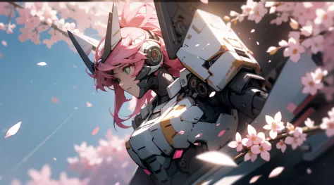 ((Best quality)), ((Masterpiece)), (Detailed:1.4), 3D,mechs，In pink，vibrant with colors，Cherry blossom petals float to zero， A b...