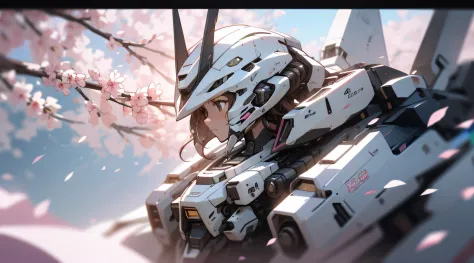((Best quality)), ((Masterpiece)), (Detailed:1.4), 3D,mechs，In pink，vibrant with colors，Cherry blossom petals float to zero， A b...