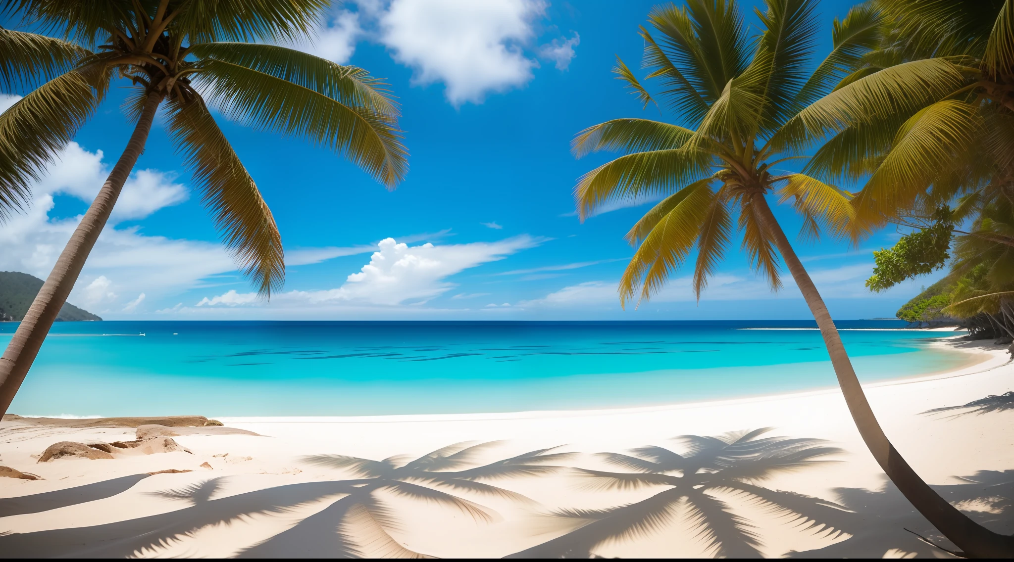 Palm trees on a beach with a blue sky and ocean - SeaArt AI