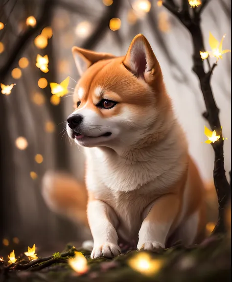 Close up photo of Shiba Inu in the Enchanted Forest、natta、fireflys、Volumetric fog、Halation、Bloom、Dramatic atmosphere、central、thi...