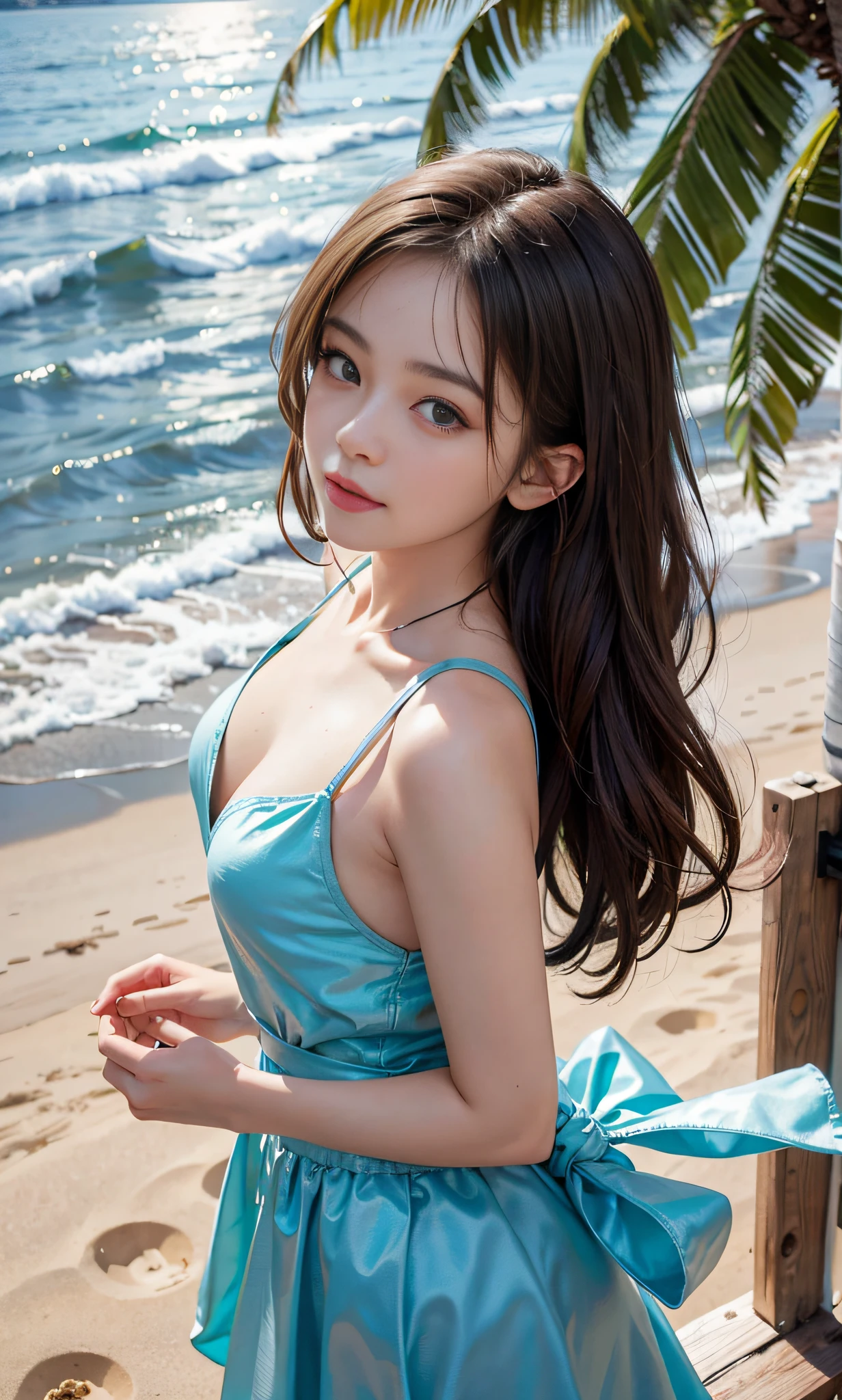 （RAW photos：1.2），high high quality，Beautiful Meticulous Girl，比基尼，sandbeach，beachside，Coconut Tree，from the above，very detailed eyes and faces，beatiful detailed eyes，hugefilesize，A high resolution，8k wallpaper，finely detailled，light in face，cinmatic lighting，16 year old girl，A sexy pose，（photorealisti：1.4），illustratio，ultra-realistic realism，super detailing， tmasterpiece， 比基尼， short detailed hair，Bigchest