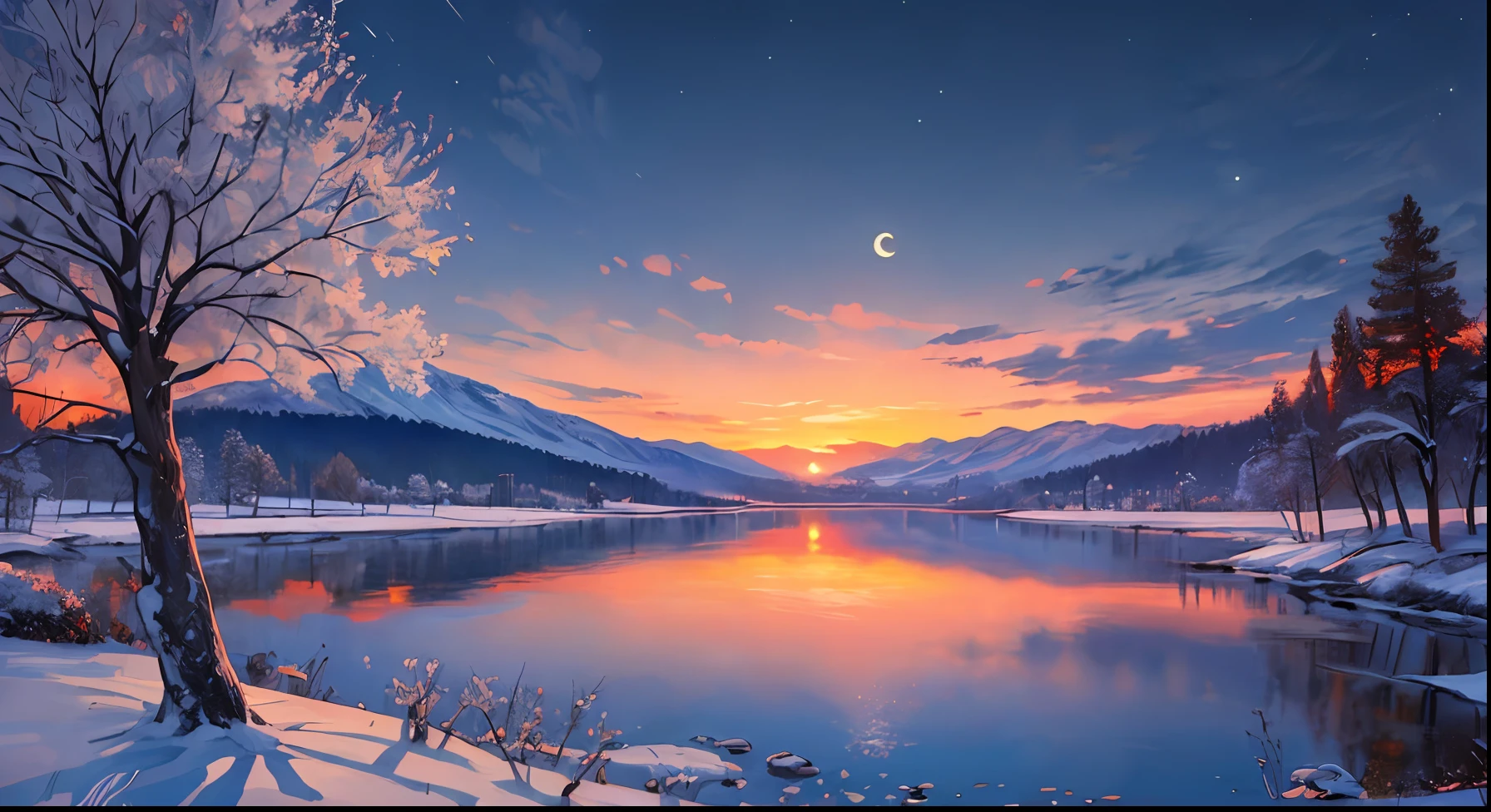((Masterpiece:1.4,Best quality)), Cloud, Outdoors, Forest snow-capped mountains, cheerfulness , scenery, sky, (Night:1.4), nigh sky, Moon, Moonlight, High detail, abundant, 8K, Green,tree, High detail, the wallpaper