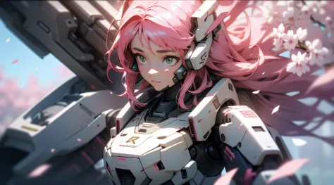 ((best quality)), ((masterpiece)), (detailed:1.4), 3d,mechs，pink long hair，vibrant with colors，cherry blossom petals float to ze...