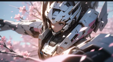 ((Best quality)), ((Masterpiece)), (Detailed:1.4), 3D,mechs，Pink Long Hair，vibrant with colors，Cherry blossom petals float to ze...