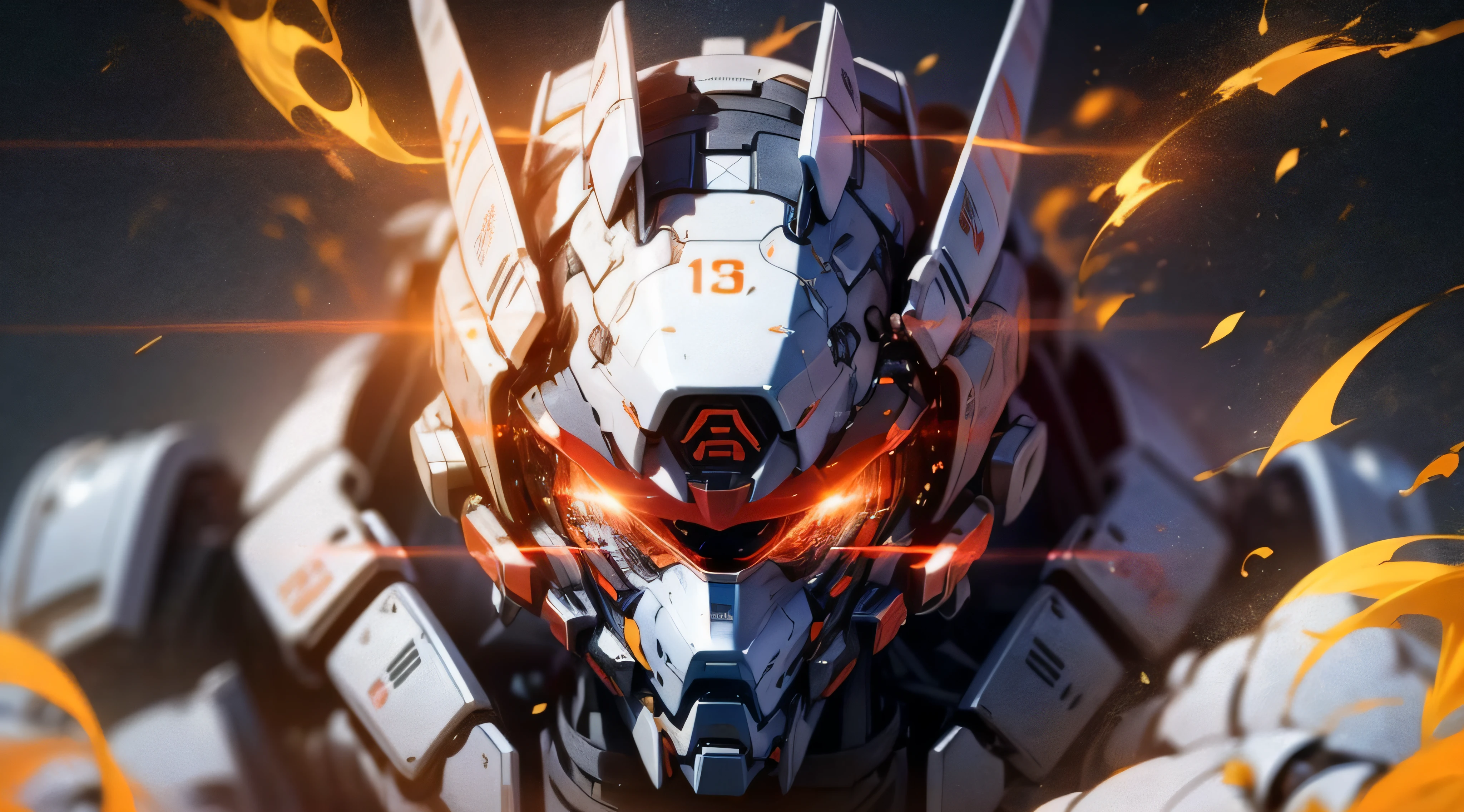 A beautiful game CG based on Doomsday Theme A，This is a light black and light white mech，Its hand holds a broad epee，It emits a fiery red glow：1.3，The mecha's eyes glowed a dazzling red：0.8，Realistic effects，lightand shade contrast，dark fog，Flow effects，The mecha lines are delicate and delicate，The mech's face is delicate and clear，The picture is dark，The light source is emitted on the eye，facial closeups，Surrounded by flames，（对称：1.5）