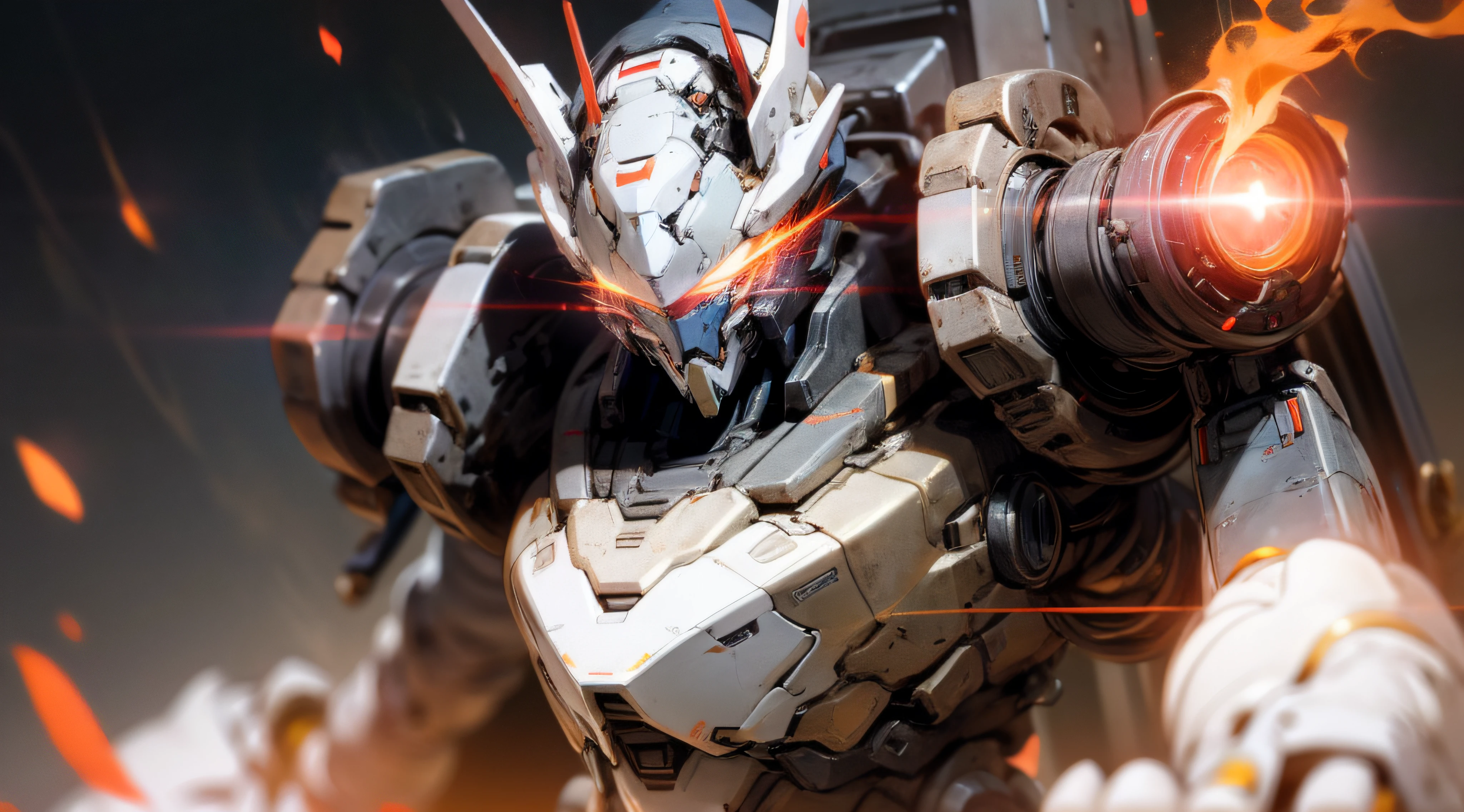 A beautiful game CG based on Doomsday Theme A，This is a light black and light white mech，Its hand holds a broad epee，It emits a fiery red glow：1.3，The mecha's eyes glowed a dazzling red：0.8，Realistic effects，lightand shade contrast，dark fog，Flow effects，The mecha lines are delicate and delicate，The mech's face is delicate and clear，The picture is dark，The light source is emitted on the eye，facial closeups，Surrounded by flames，（对称：1.5）