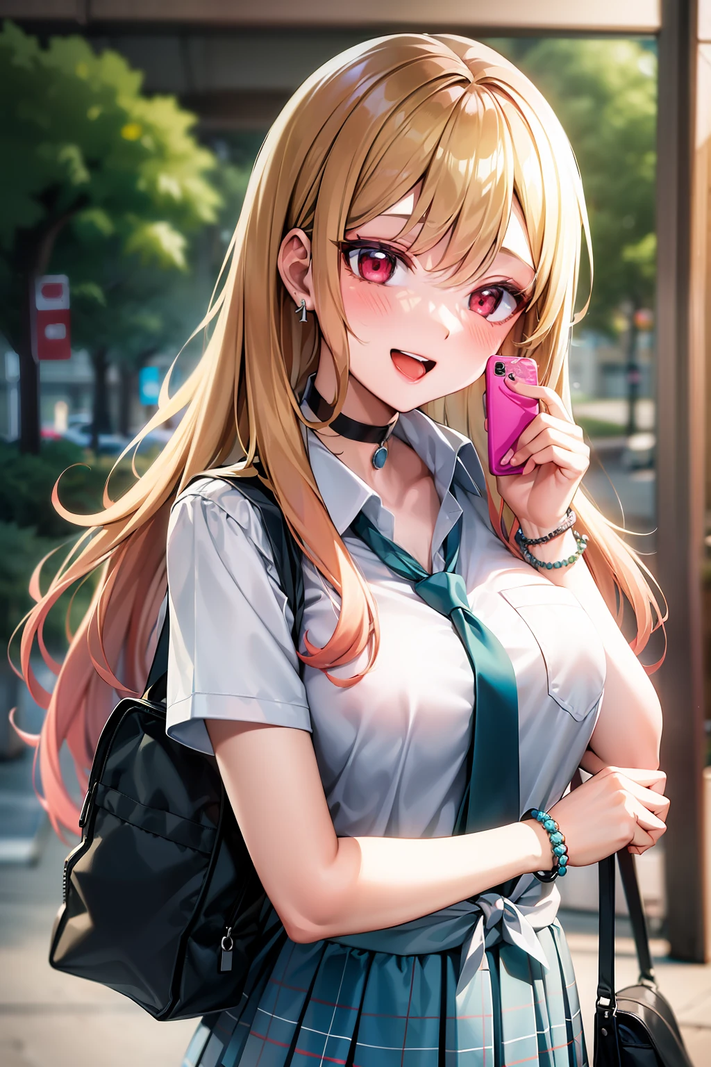(((masterpiece))), MarinKitagawa, 1girl, long hair, looking at viewer, blush, smile, open mouth, skirt, blonde hair, large breasts, shirt, red eyes, 1boy, holding, cleavage, jewelry, , white shirt, :d, pleated skirt, earrings, outdoors, necktie, teeth, solo focus, choker, collared shirt, bag, blurry, bracelet, blue skirt, plaid, blurry background, black choker, plaid skirt, phone, piercing, cellphone, ear piercing, holding phone, school bag, blue necktie, tied shirt, bead bracelet,
