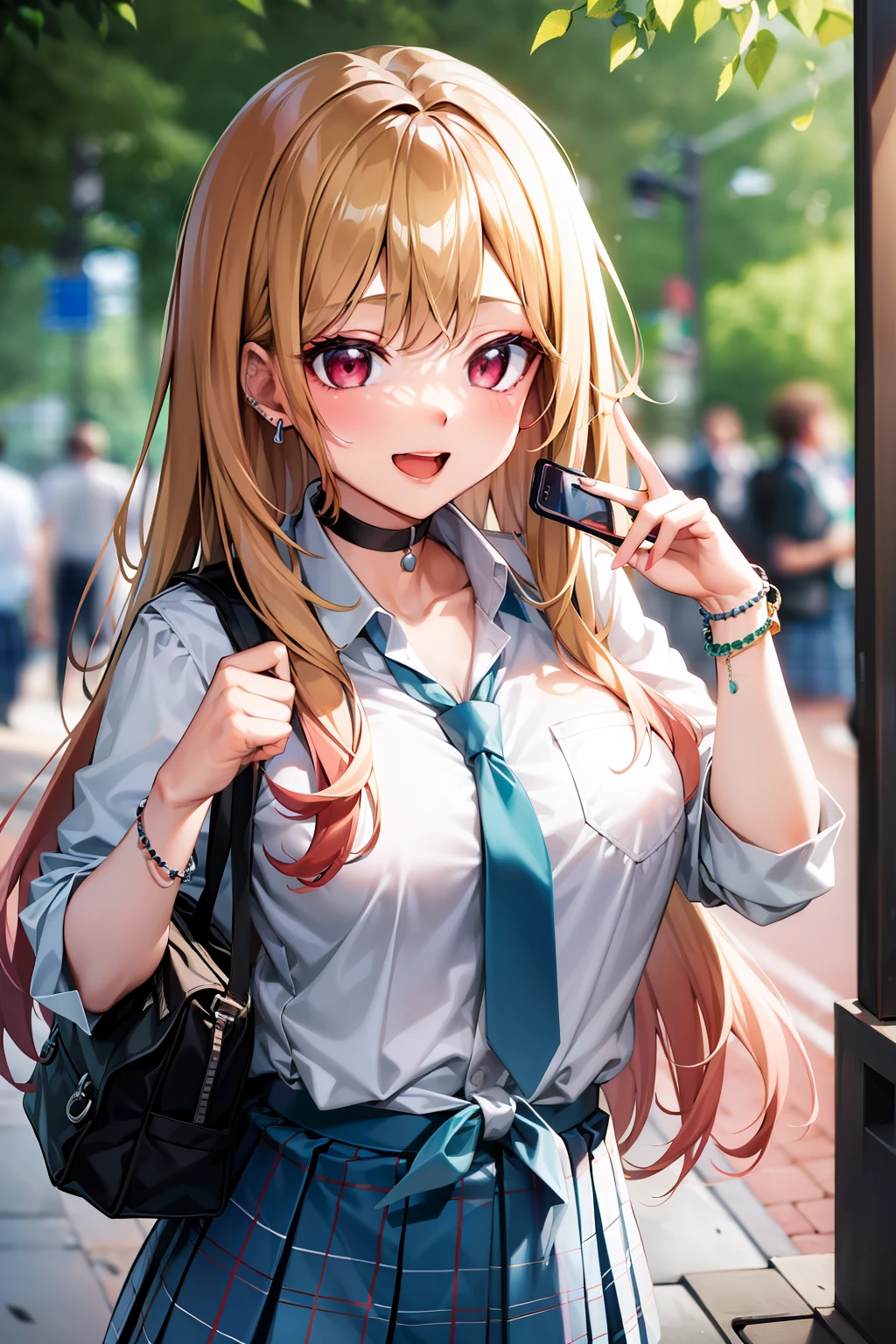 (((masterpiece))), MarinKitagawa, 1girl, long hair, looking at viewer, blush, smile, open mouth, skirt, blonde hair, large breasts, shirt, red eyes, 1boy, holding, cleavage, jewelry, school uniform, white shirt, :d, pleated skirt, earrings, outdoors, necktie, teeth, solo focus, choker, collared shirt, bag, blurry, bracelet, blue skirt, plaid, blurry background, black choker, plaid skirt, phone, piercing, cellphone, ear piercing, holding phone, school bag, blue necktie, tied shirt, bead bracelet,