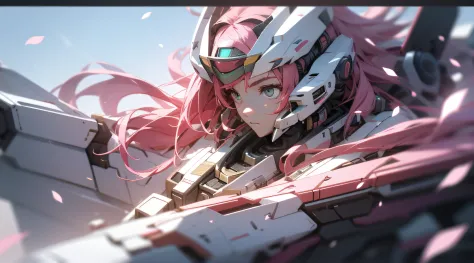 ((Best quality)), ((Masterpiece)), (Detailed:1.4), 3D,mechs，Pink Long Hair，vibrant with colors，Cherry blossom petals float to ze...