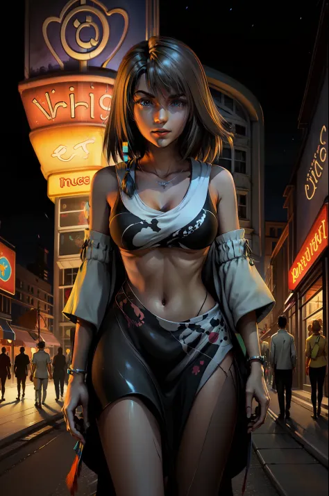 original, masterpiece, best quality, official art, painting, there are many people walking down the street at night, in style of...