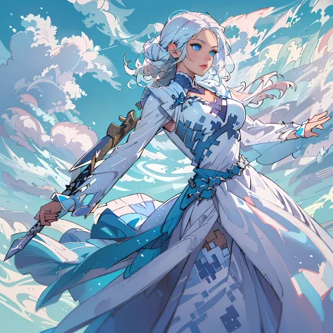 ((Best Quality, Masterpiece): 1.2), white hair, blue eyes, swordswoman, blue sky and white clouds, ballgown dress, blue dress, i...