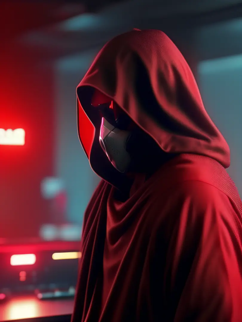 NeonNinja style，One wears a red cloak，Close-up of a man wearing a red mask，There is a big ball in the middle of the room，A close-up of an electronic device on a table