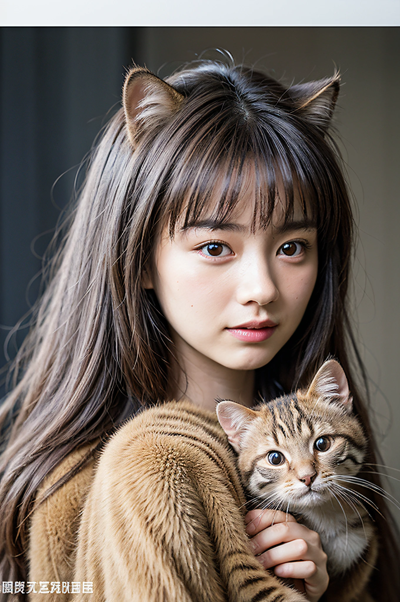 （8k，RAW photos，best qualtiy，tmasterpiece：1.2），highdetailRAWcolorphoto，profesional photo，（realisticlying，photograph realistic：1.37），cinematric light，1girll，Hold the tanuki cat in both hands on the chest。