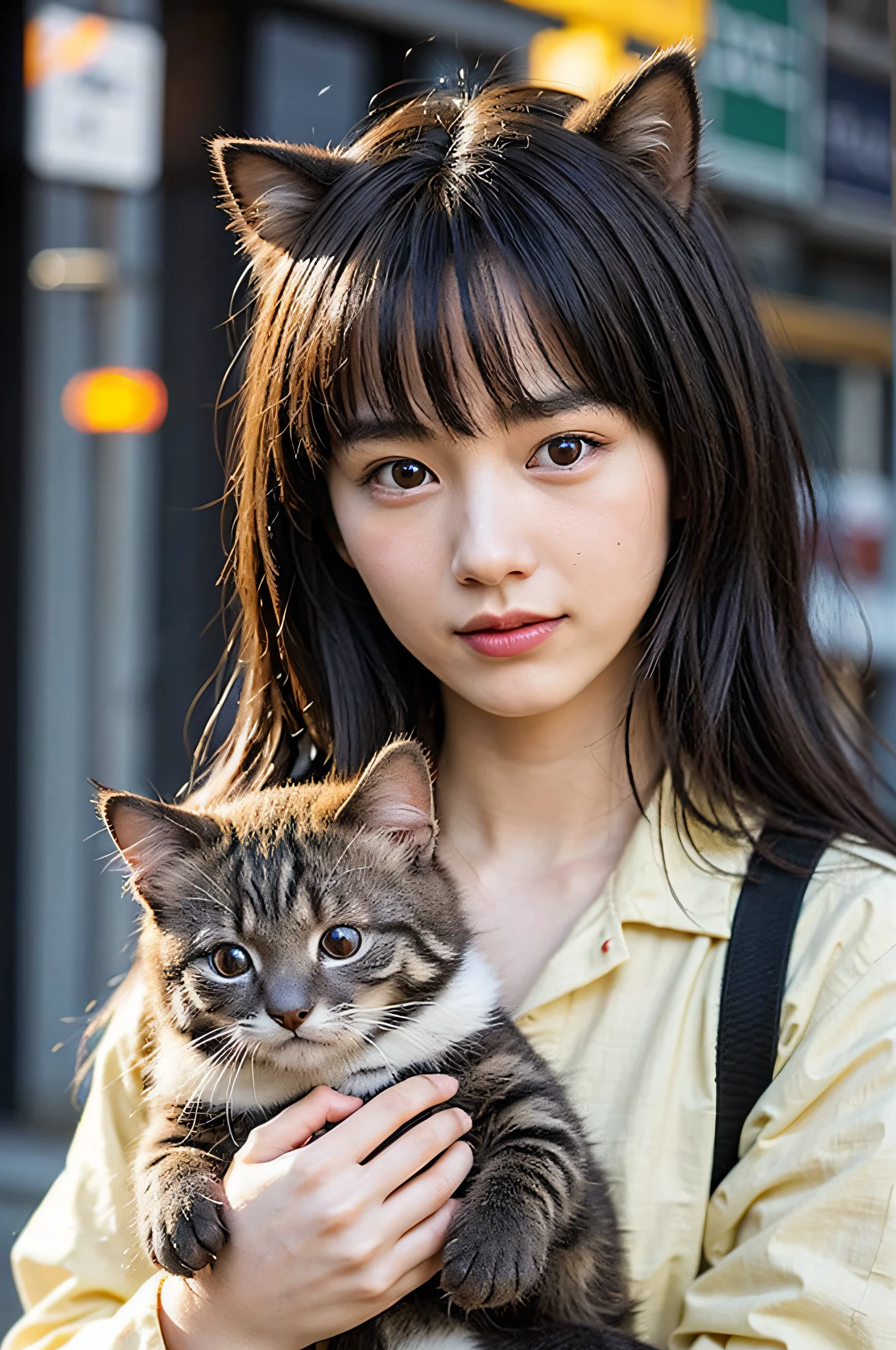 （8k，RAW photos，best qualtiy，tmasterpiece：1.2），highdetailRAWcolorphoto，profesional photo，（realisticlying，photograph realistic：1.37），cinematric light，1girll，Hold the tanuki cat in both hands on the chest。