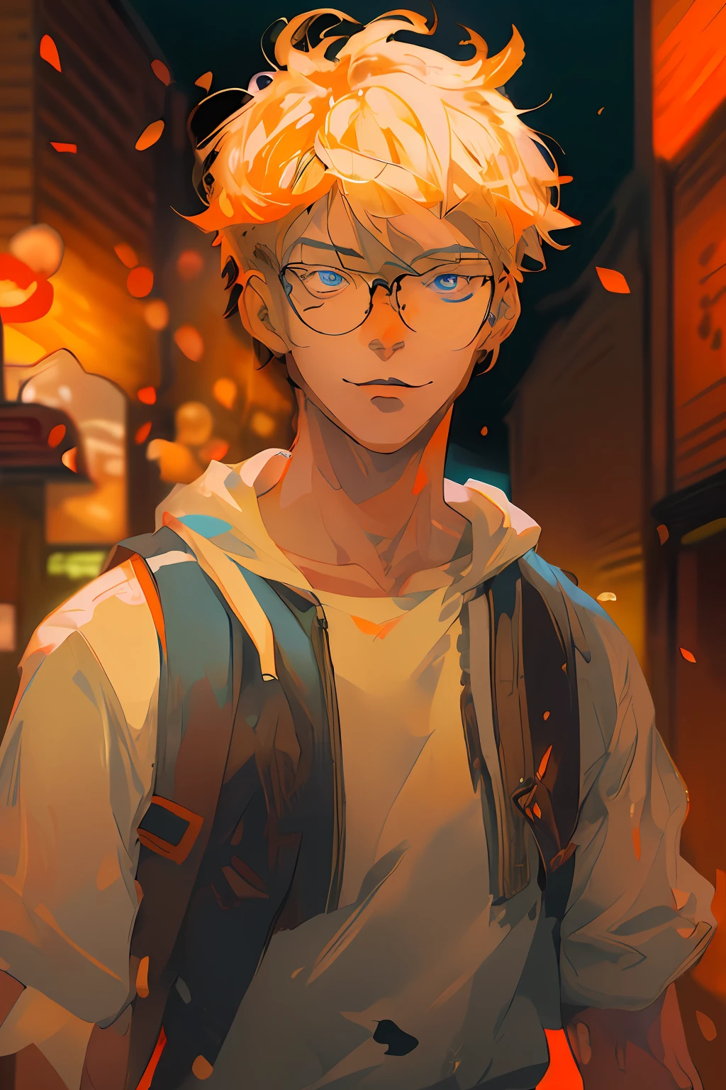 انمي بوي with blonde hair and glasses standing in front of a building, رجل أنيمي طويل القامة ذو عيون زرقاء, انمي بوي, رجل وسيم في فن قاتل الشياطين, شاب انمي شاب, بعيون متوهجة, orange - haired انمي بوي, أسلوب فني أنيمي عالي الجودة, أفضل خلفية أنيمي 4K konachan, أسلوب أنيمي الذكور, مستوحاة من بيان شومين