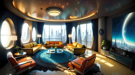 \1970 retro futuristic living room，inside in room，Warm lighting，Large-scale TV series，Lazy sofa，carpets，Rooftop starry sky proje...