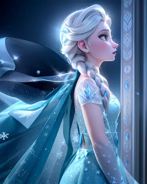 "Elsa, the queen of Arendelle, standing in a snowy landscape with her ice powers in full display. She has a regal presence, wear...