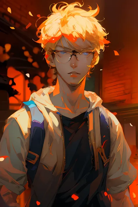 anime boy with blonde hair and glasses standing in front of a building, tall anime guy with blue eyes, anime boy, handsome guy i...