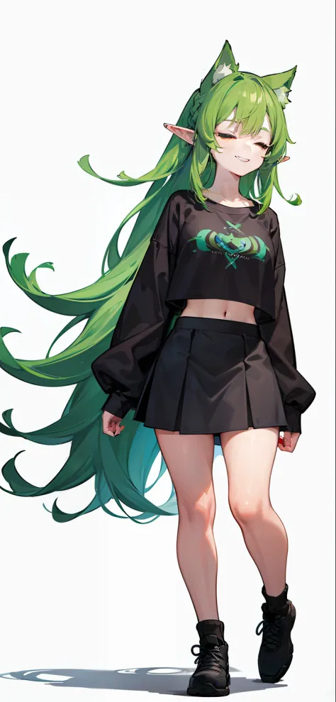 1 girl, eyes closed, nose, elf ear, eyebrow, smiling, teeth, big green hair, blue hair ends, bangs, hair between eyes, lora:add_...