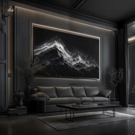 new realism, black light painting, acrylic painting, ash gray wall, dark fantasy interior design, living room plan of elegance a...