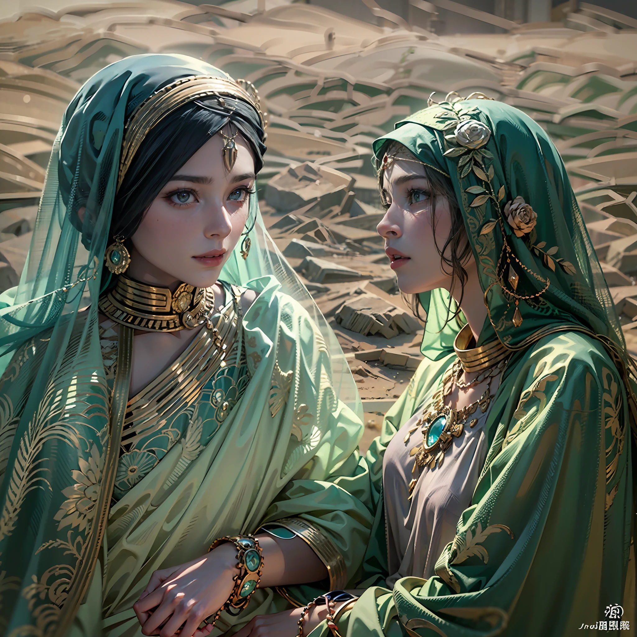 in a panoramic view，photorealestic，8K，with blue sky and white clouds，2 Arab slave girls，Wear a translucent traditional Arabian burqa，Arabic hijab，The Arabian veil is masked，Bind your hands，bound waist，anklet，sat on the ground，Waiting，Eyes seductive，A mask，Gorgeously dressed，A noblewoman in a lavish Arabian burqa，See them up close，Desert oasis，A market outside the luxury Arabic tent cluster，Perfectcomposition，professinal，Meistwick，commissioned，best qualtiy，color corrected，After fixation，Retouching，Improvement，Epic，Tone-mapping，the detail， highly  detailed， digitial painting， art  stations， Conceptual map of the long dam， Smoothness， Sharp focus， Beautiful illustration， photore， The light from the back window is backlighted， 动态照明， Mist， 复杂， cinematic grain， professinal， face to the viewer，（Beautiful m3d_woman， Perfect M3D_face,）， Volumetriclighting， subsurfacescattering， Good highlights， Good shadows， cinematic ligh