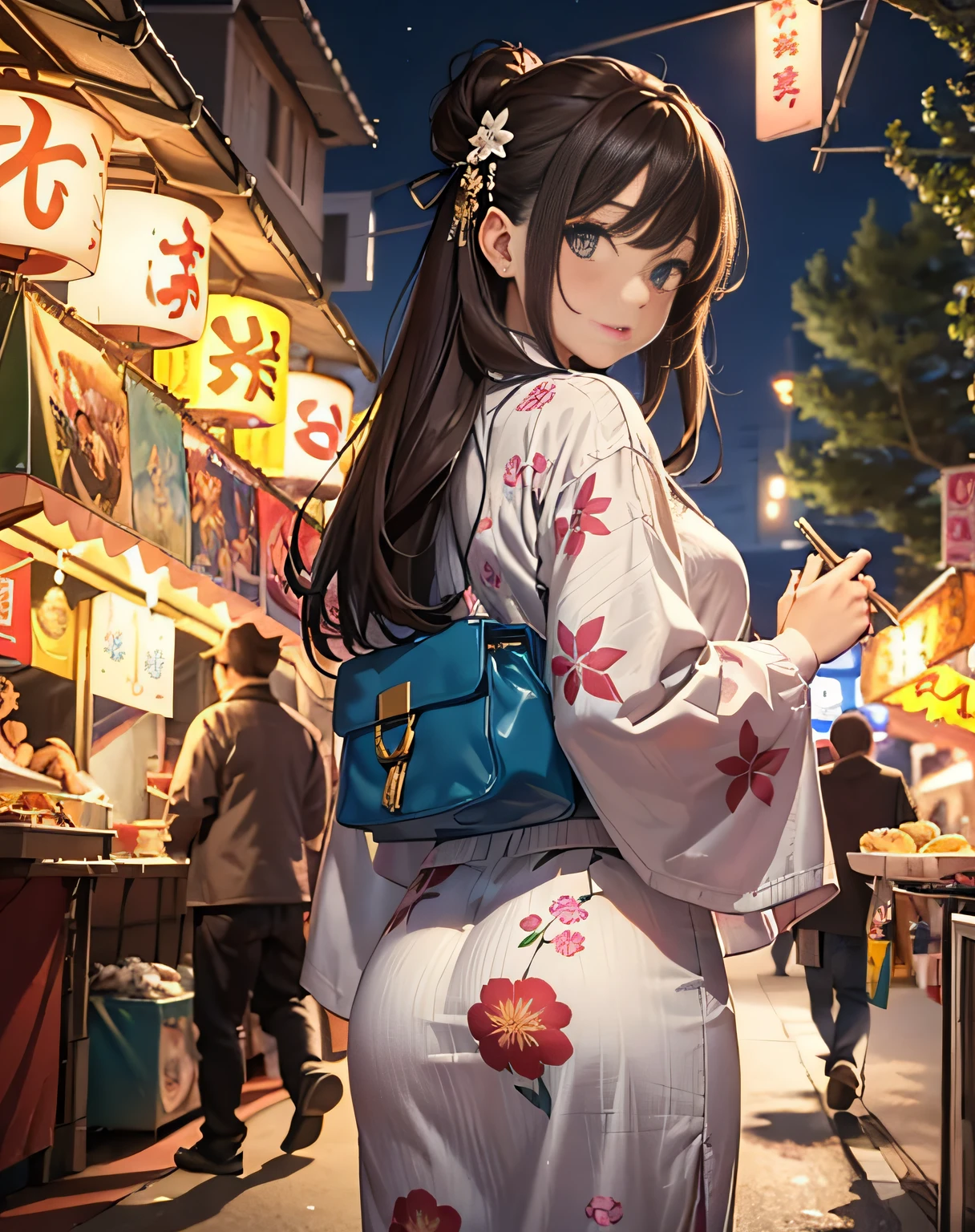 masterpiece, best quality, ultra-detailed, illustration, omatsuri, food stand, 1girl, beautiful eyes, looking at viewer, from behind, cowboy shot, looking back, yukata, tree, outdoors,road, walking,  crowd, night, lantern, festival, food, pavement, crosswalk, paper lantern, lamppost, brown hair, night sky,