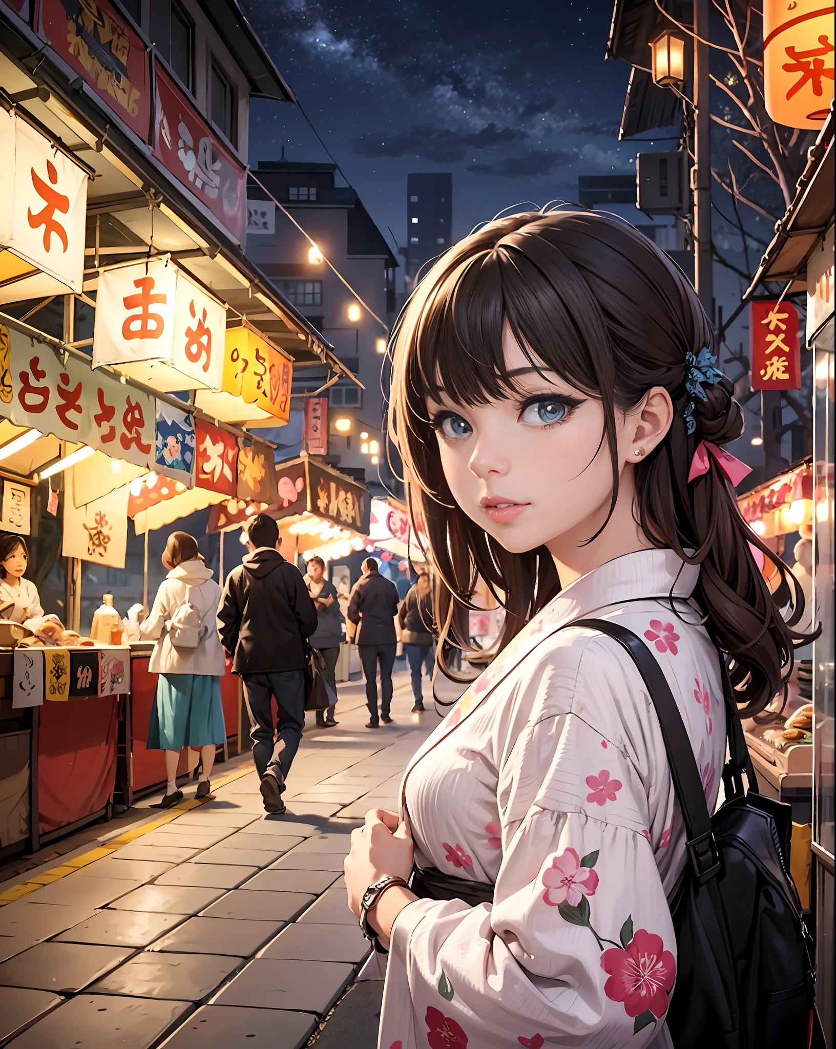 masterpiece, best quality, ultra-detailed, illustration, omatsuri, food stand, 1girl, beautiful eyes, looking at viewer, from behind, cowboy shot, looking back, yukata, tree, outdoors,road, walking,  crowd, night, lantern, festival, food, pavement, crosswalk, paper lantern, lamppost, brown hair, night sky,