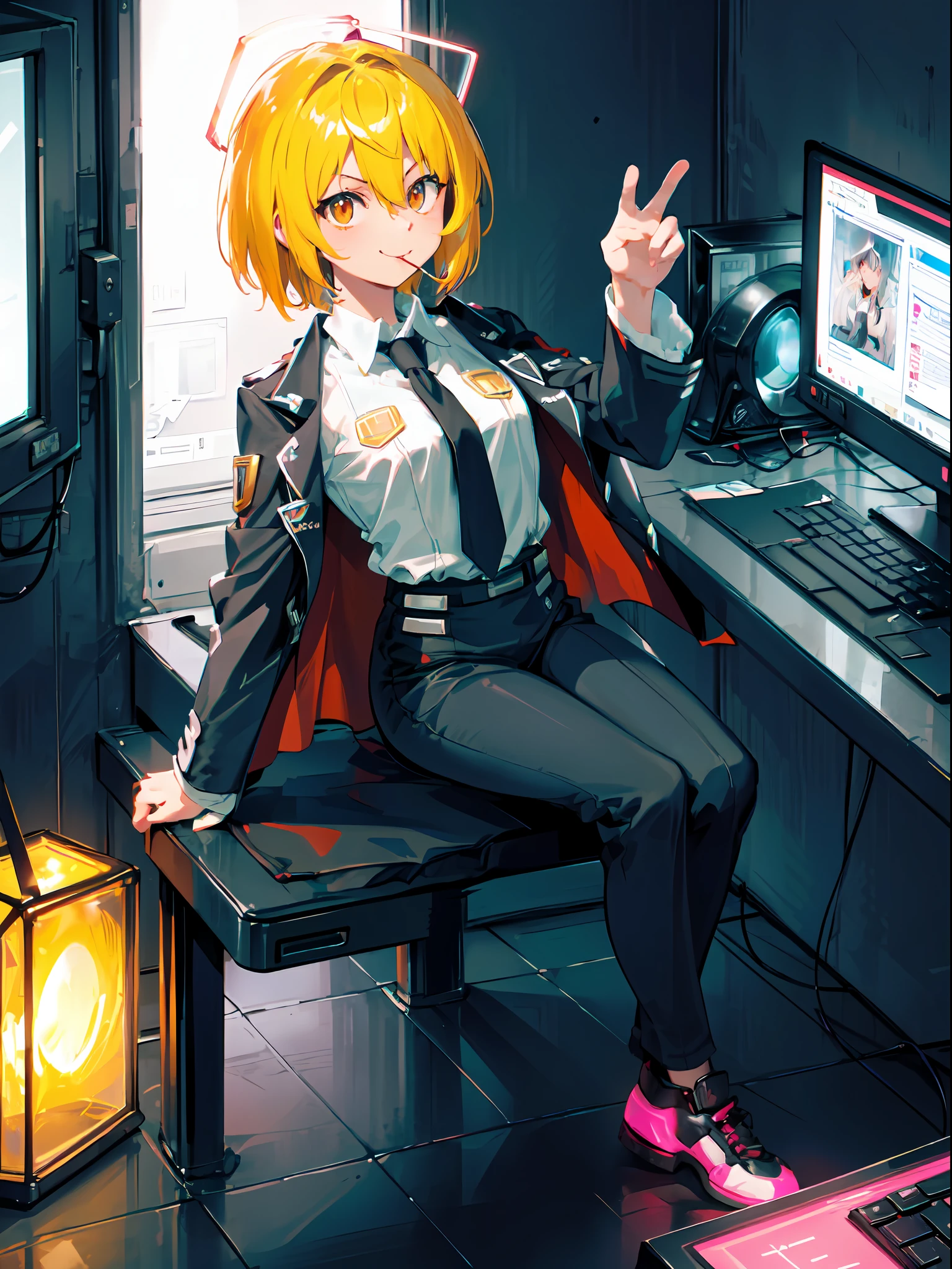 (masterpiece, sidelighting, finely detailed beautiful eyes: 1.2), ((Best quality)), ((masterpiece)), (highly detailed:1.3), 3D,NeonNoir, one girl, solo, small chest, black office pants, side view, beautiful cyberpunk girl, girl is looking in computer, sitting, lollipop in mouth, (wearing head-mounted display that is chunky and hi-tech:1.2),wearing a cape, girl with blonde gair and golden eyes, smug smirk, hacking a computer terminal,PURPLE NEON LIGHT FROM MONITOR, GREEN NEON SIGNS ON THE WALL,