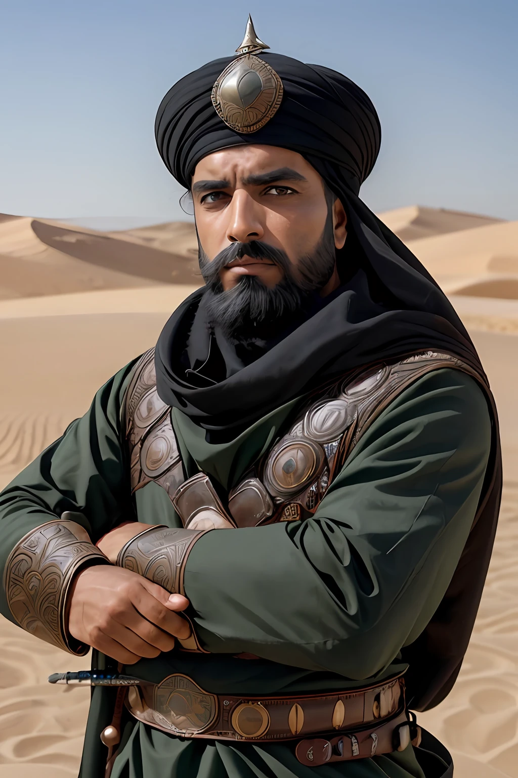 1 hombre, solo, fotografía, retrato de hombre arabarmor con grupo de ejército en duna, barba, blindaje, espada, Realista, absurdo, detallado,